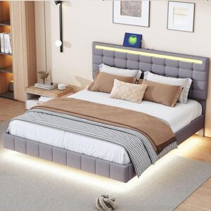 LBF Lit adulte rembourré 160x200 cm, cadre de lit flottant avec lumières led et tête de lit design, grand lit double en lin - Gris - Gris - Publicité