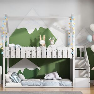 Lit superposé enfant avec 3 marches, 2 tiroirs, décoration clôture, bois massif, blanc Okwish - Publicité