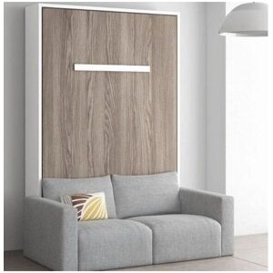 LES TENDANCES Lit escamotable vertical 140x190 avec canapé tissu Kimber-Coffrage Blanc-Façade Noyer-Canapé Marron clair - Publicité