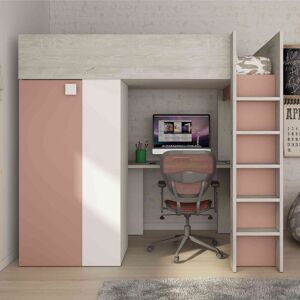 TERRE DE NUIT Lit mezzanine enfant 90x200 avec armoire intégrée en bois rose - LI9068 - Rose - Publicité