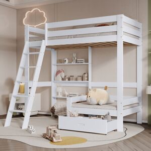 SUREH Lit mezzanine enfant 90x200cm, lit superposé avec 4 stockage etagères et escalier, 90x95cm canapé, tiroir, lit en bois massif avec cadre à lattes, lit d'enfant avec protection antichute, Blanc - Publicité