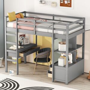 Lit mezzanine enfant 90 x 200 avec tiroirs de rangement et bureau sous lit, gris Okwish - Publicité