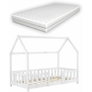 Décoshop26 - Lit pour enfant cabane maison avec matelas barrière et sommier à lattes en bois de pin blanc 70 x 140 cm - Publicité