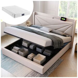 Lit Avec Tiroirs 160x200 cm, Lit Boxspring avec rangement latéral & tête de lit, éclairage led, & prise usb, cadre de lit avec sommier à lattes coffre de lit, Beige avec matelas Hengmei - Publicité