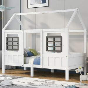 DOLINHOME Lit simple, canapé-lit, lit enfant avec 2 fenêtres, cadre en bois de pin, mdf, blanc (200x90cm) - Publicité