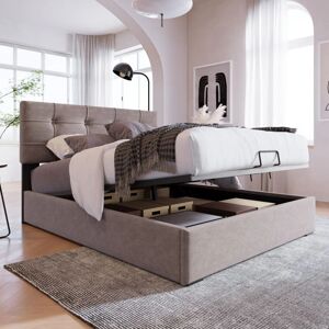 AAFGVC Lit simple hydraulique lit rembourré 90x200cm, tête de lit réglable, lit avec sommier à lattes en métal, velours, cadre de lit moderne avec espace de rangement, gris clair - Publicité