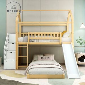 RETROK Lit superposé enfant avec escalier, rangement, cabane et toboggan - Bois naturel + blanc (90x200cm) - Publicité