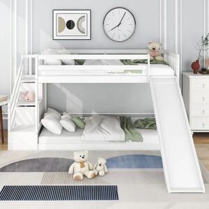 SUREH Lit superposé blanc, 90 x 200 cm, lit pour enfant avec escalier et toboggan, lit superposé en bois 2 tiroirs, cadre en pin massif, garde-corps design, pour adolescents et enfants - Publicité