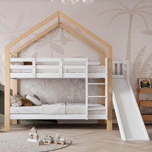 SUREH Lit superposé blanc, 90 x 200cm, lit pour enfant avec échelle et toboggan, lit maison en bois, cadre en pin, avec protection contre les chutes, pour - Publicité