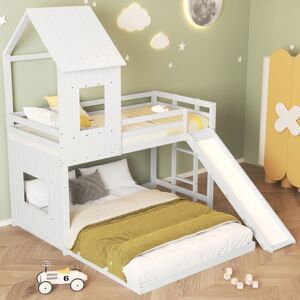 Lit mezzanine avec toboggan,Lit superposé enfant 90x200,140x200, lit cabane avec barrière antichute, avec fenêtre et toit, avec échelle à trois marches, pin + MDF,Blanc - Sunfecili - Publicité