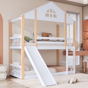 DOLINHOME Lit superposé enfant avec fenêtre, échelle, toboggan, clôture, blanc + naturel, 90x200 cm - Publicité