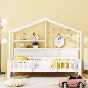 SUREH Lits pour enfants 90x200cm,lit 90x200cm,canapé - lit en bois massif,lit garçon et fille,avec toit intéressant et clôture, Blanc - Publicité