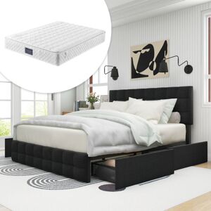 Lit rembourré avec 4 tiroirs et matelas à ressorts, lit double avec sommier à lattes, lit avec espace de rangement, tête de lit réglable en hauteur, matière lin, avec matelas(140200 cm, noir) Okwish Noir (Avec matelas) - Publicité