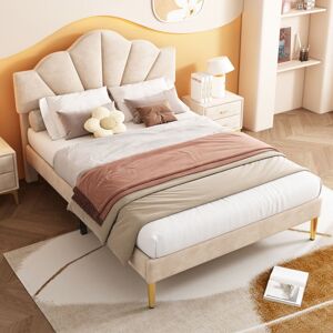 Aafgvc - Velours, lit rembourré, 140190 cm, lit double, lit en coquille avec pieds en fer doré, tête de lit réglable en hauteur, sommier à lattes en bois, beige - Publicité