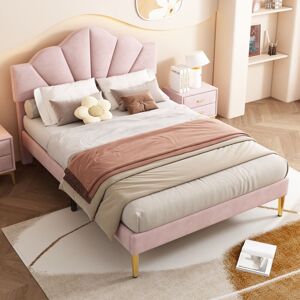 AAFGVC Velours, lit rembourré, 140190 cm, lit double, lit en forme de coquille avec pieds en fer doré, tête de lit réglable en hauteur, sommier à lattes en bois, rose - Publicité