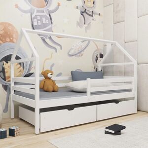 petitechambre.fr Lit cabane ARON pour enfant   Blanc   90 cm x 180 cm   Pin Massif - Publicité