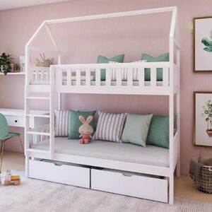 petitechambre.fr Lit cabane GAJA superpose pour chambre enfant   Blanc   90 cm x 200 cm   Pin Massif