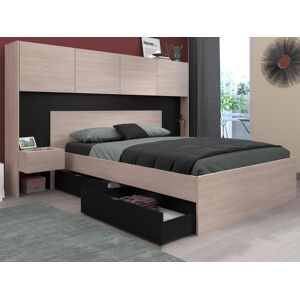 Vente-unique Lit 140 x 190 cm avec rangements et chevets - Coloris : Naturel et noir - AMBRILA