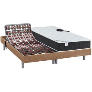 Vente uniquecom Lit electrique relaxation tout plots matelas ressorts ensaches et memoire forme PHANES de DREAMEA moteurs OKIN Chene 2 x 90 x 200 cm