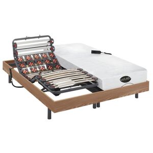 Vente-unique.com Lit électrique relaxation lattes et plots matelas mémoire de forme et bambou DAMYSOS de NATUREA - moteurs OKIN - 2 x 80 x 200 cm - Chêne