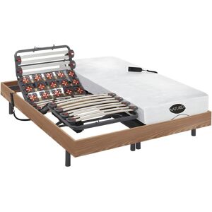 Vente-unique.com Lit électrique relaxation lattes et plots matelas mémoire de forme et bambou DAMYSOS de NATUREA - moteurs OKIN - 2 x 90 x 200 cm - Chêne