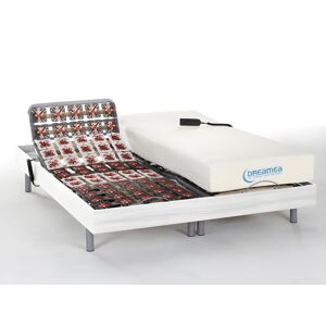 Vente-unique.com Lit électrique relaxation tout plots matelas mémoire de forme HESIODE III de DREAMEA - moteurs OKIN - blanc - 2 x 70 x 190 cm