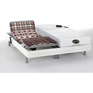 Vente-unique.com Lit électrique relaxation tout plots matelas mémoire de forme et bambou LYSIS III de NATUREA - moteurs OKIN - 2 x 70 x 190 cm - blanc