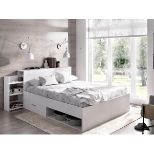 Vente-unique Lit avec tete de lit rangements et tiroirs 140x190cm - Coloris : Blanc - FLORIAN