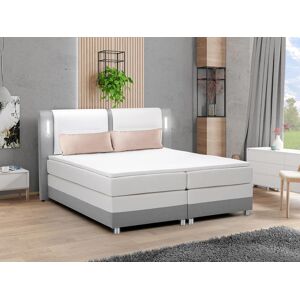 Vente-unique.com Ensemble complet boxspring tete de lit avec leds + sommiers + matelas + surmatelas - 160 x 200 cm - Tissu et simili - Gris et blanc - RIMINI de YSMÉE