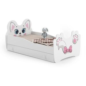 Lit simple Chat rose 140x70 avec graphismes pour enfants, dans un ensemble avec un tiroir, un matelas et un cadre