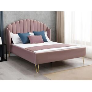 Vente unique Lit 140 x 190 cm avec tete de lit ondulee Velours Vieux rose SAGALI