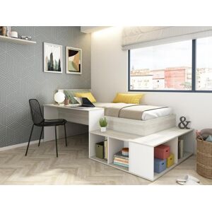 Vente-unique Lit combine 90 x 200 cm avec rangements et bureau - Coloris : Naturel grise et Blanc - RIGALI