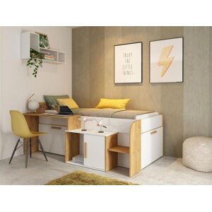 Vente-unique Lit combiné 90 x 200 cm avec bureau et rangements - Coloris : Blanc et naturel + Sommier + Matelas - PEDRO - Publicité