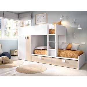 Vente-unique Lits Superposés 2 x 90 x 190 cm - Armoire intégrée - Blanc et naturel - JUANITO