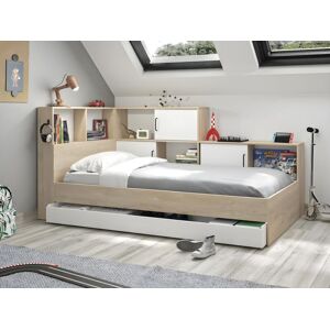 Vente-unique Lit avec rangements et tiroir - 90 x 200 cm - Coloris : naturel et blanc + sommier + matelas - ARMAND