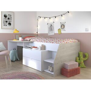 Vente unique Lit avec bureau et rangements inclus 90 x 200 cm Blanc et naturel Sommier Matelas GISELE