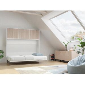 Vente-unique Lit escamotable 140 x 200 cm - Ouverture horizontale manuelle - Avec rangements - Coloris : Naturel et blanc + Matelas - ELIANOR II