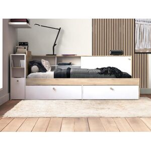 Vente-unique Lit modulable 90 x 190/200 cm avec rangements - Blanc et naturel - LIARA