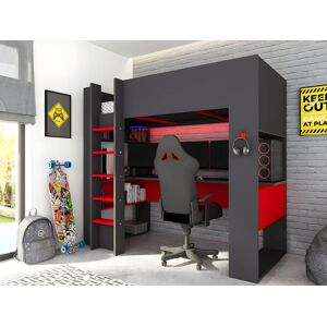 Vente unique Lit mezzanine gamer NOAH avec bureau et rangements integres 90 x 200 cm Avec LEDs Anthracite et rouge matelas