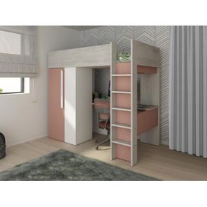 Vente unique Lit mezzanine 90 x 200 cm avec armoire et bureau Rose et blanc NICOLAS