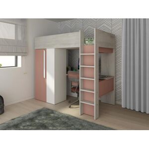 Vente-unique Lit mezzanine 90 x 200 cm avec armoire et bureau - Rose et blanc - NICOLAS - Publicité