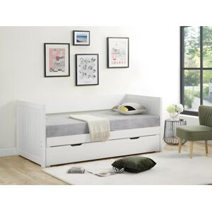 Vente-unique Lit gigogne banquette 90 x 190 ou 174 x 190 cm - Avec sommier peigne et tiroir - Pin et MDF - Blanc + matelas - ALFIERO II