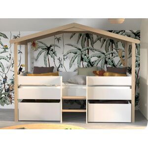 Vente-unique Lit cabane SAROSI avec tiroirs - 90 x 190 cm - Tilleul - Blanc et chêne + matelas