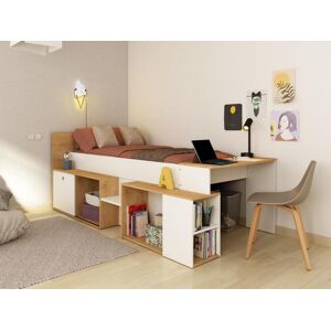 Vente-unique Lit combine 90 x 200 cm avec bureau et rangements - Blanc et naturel + Sommier + Matelas - PALOMA