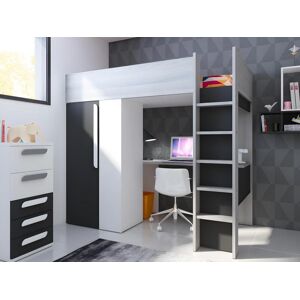 Vente unique Lit mezzanine 90 x 200 cm avec armoire et bureau Anthracite et blanc matelas NICOLAS II