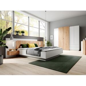 Vente-unique Lit coffre avec chevets 160 x 200 cm - 2 tiroirs - Avec LEDs - Coloris : Blanc et naturel + Matelas - FRANCOLI