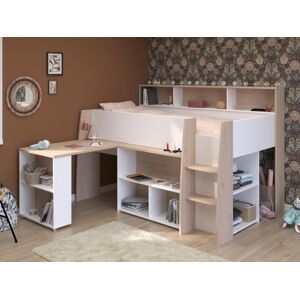 Vente-unique Lit combine 90 x 200 cm avec bureau et rangements - Blanc et naturel - APOLINO