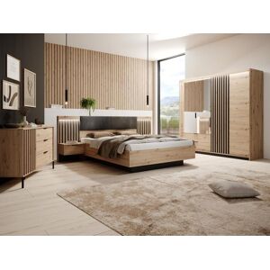 Vente unique Ensemble lit avec chevets 160 x 200 cm Sommier Matelas Commode Armoire Coloris Naturel et noir ARIADA