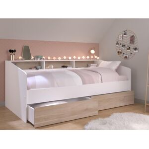 Vente unique Lit 90 x 200 cm avec rangements Blanc et naturel Sommier Matelas PAULETTE