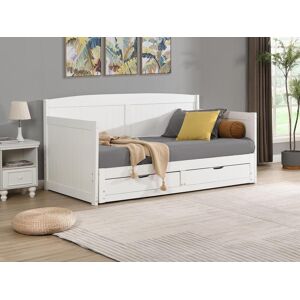 Vente unique Lit gigogne banquette 90 x 190 ou 180 x 190 cm Avec sommier peigne et tiroirs Pin et MDF Blanc Matelas DINIVA